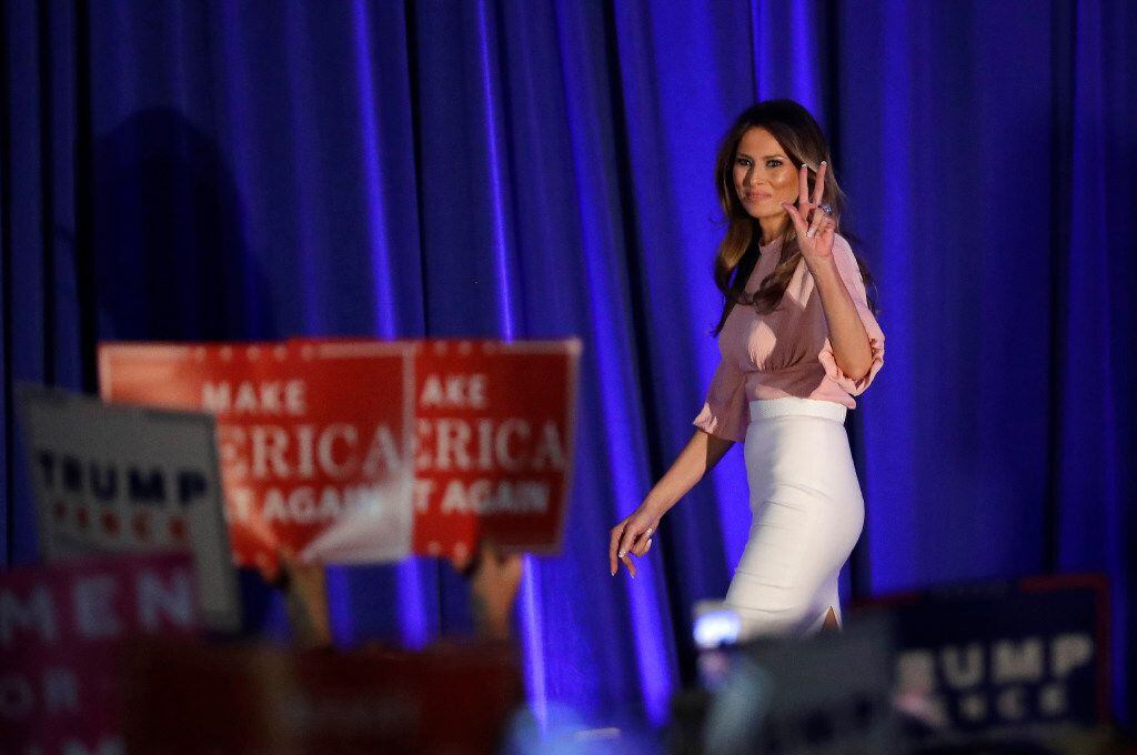 Melania Trump, husband of Republican presidential candidate Donald Trump, walks on stage to...