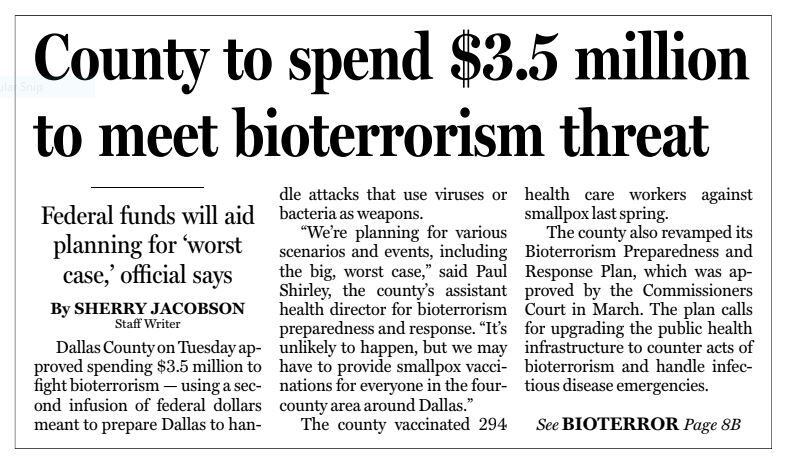 "County to spend $3.5 million to meet bioterrorism threat Federal funds will aid planning for 'worst case,' official says," published on Sept. 24, 2003.