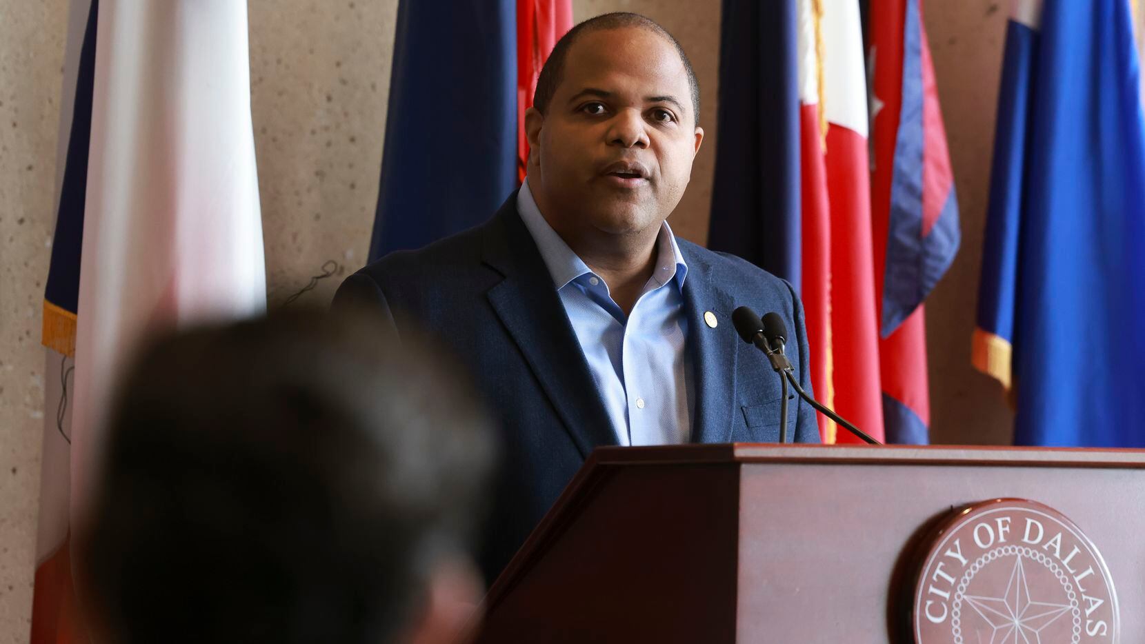 Mayor Eric Johnson speaks during a press conference at Dallas City Hall on Feb. 16, 2023.