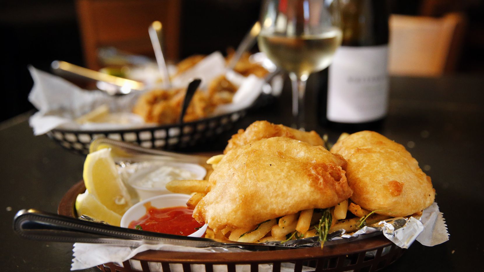 Fish & chips was paired with wines during The Dallas Morning News wine panel tasting at 20 Feet Seafood on Peavy Rd. in Dallas, Tuesday, September 17, 2019. (Tom Fox/The Dallas Morning News)