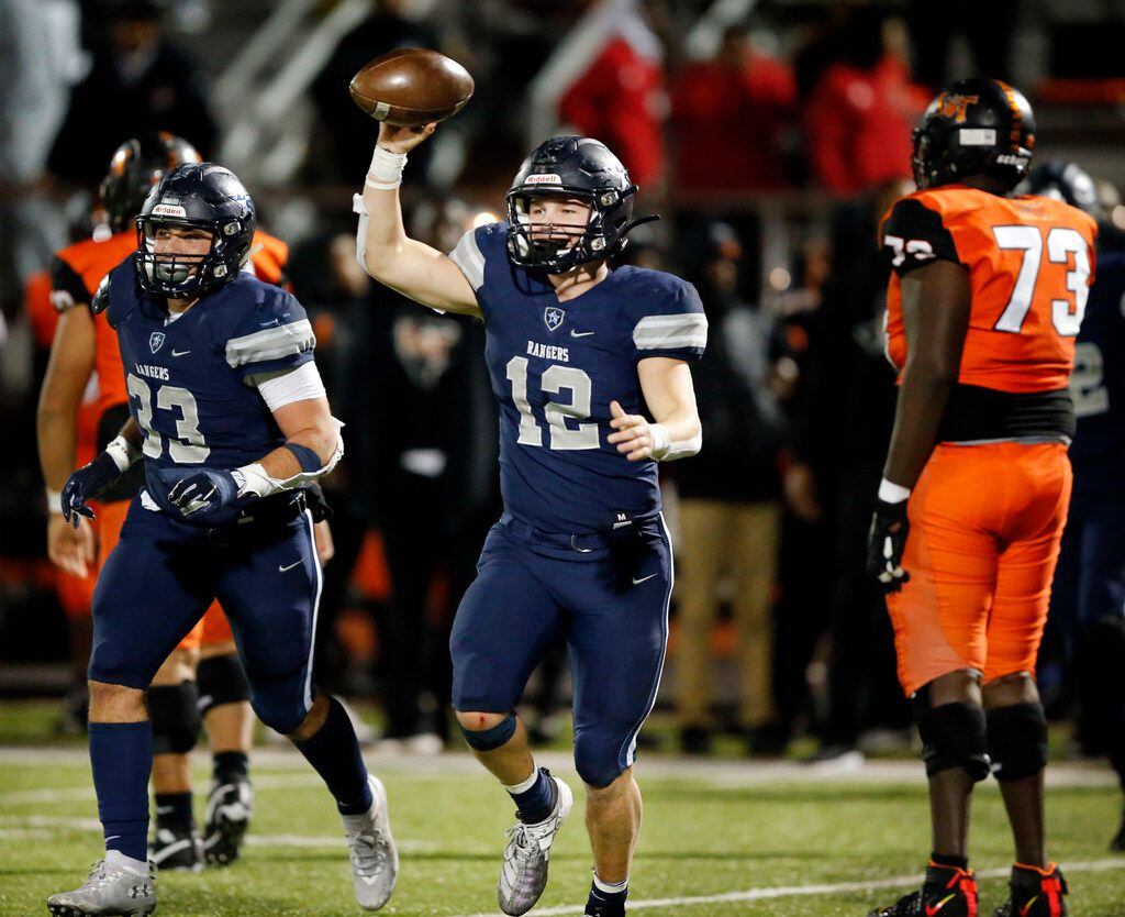 Frisco Lone Star linebacker Blake Gotcher (12) celebrates his fourth quarter interception by Lancaster during their Class 5A Division I Regional championship at Wilkerson-Sanders Stadium in Rockwall, Texas, Friday, December 6, 2019. (Tom Fox/The Dallas Morning News)