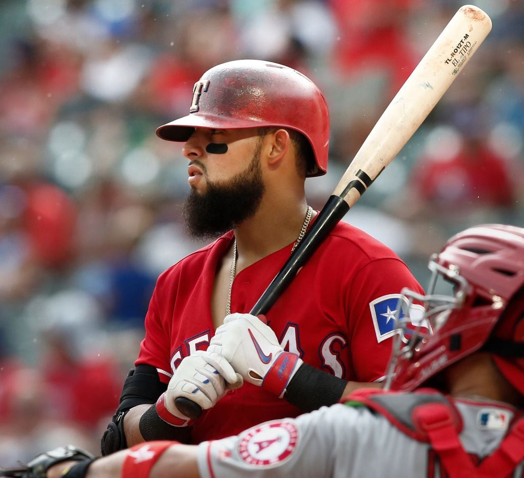 Texas Rangers' Rougned Odor bats against the Los Angeles Angels during the third inning of a...