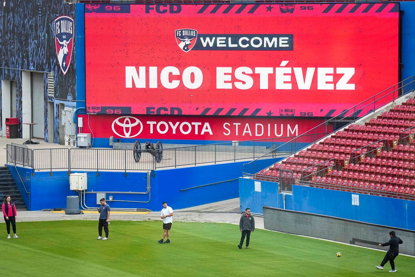 Signboard in Toyota Stadium welcome new FC Dallas head coach Nico Estévez before his introductory press conference at the National Soccer Hall of Fame on Friday, Dec. 3, 2021, in Frisco, Texas.