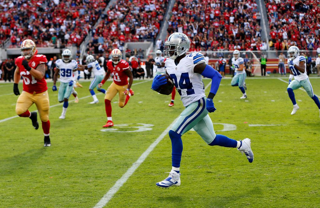 Dallas Cowboys cornerback Morris Claiborne (24) returns an interception on a pass intended for San Francisco 49ers wide receiver Keshawn Martin (82) in the fourth quarter at Levi's Stadium in Santa Clara, California, Sunday, October 2, 2016.(Tom Fox/The Dallas Morning News)