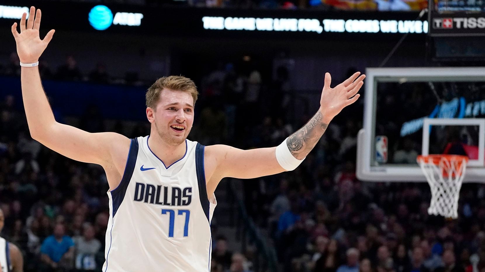 Dallas Mavericks guard Luka Doncic (77) argues for a call during the first half of an NBA basketball game against the Toronto Raptors at American Airlines Center on Saturday, Nov. 16, 2019, in Dallas.