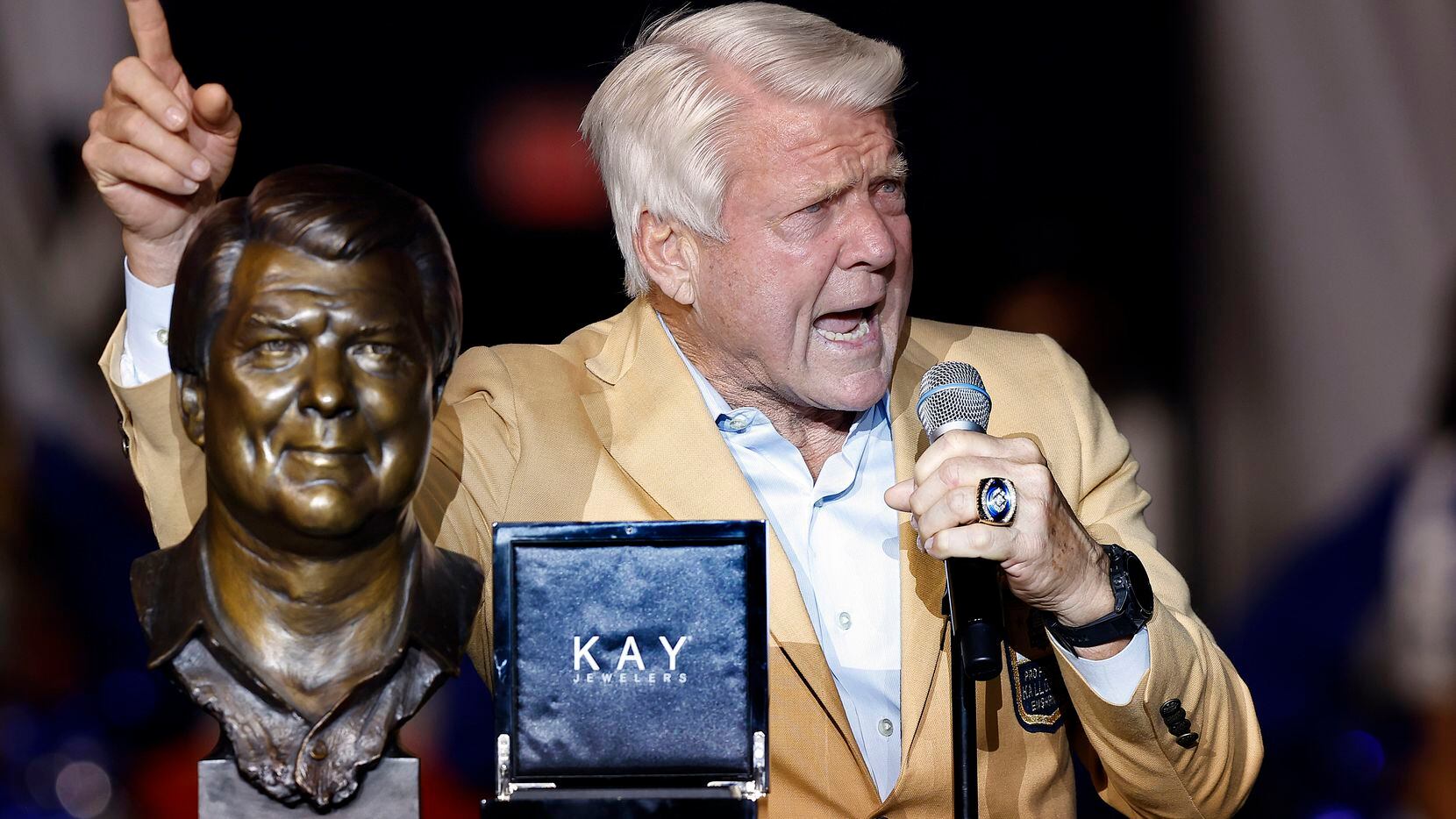 Former Dallas Cowboys head coach and Pro Football Hall of Famer Jimmy Johnson delivers his...