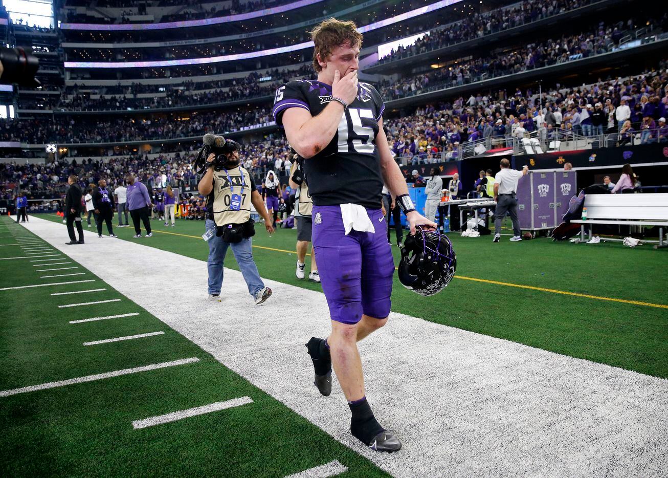 TCU Horned Frogs quarterback Max Duggan (15) walks to the locker room after losing to the...
