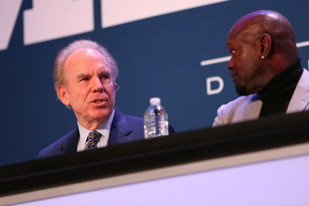 Former Dallas Cowboys quarterback Roger Staubach speaks alongside former Dallas Cowboys running back Emmitt Smith during a panel discussion at the Dallas Regional Chamber's annual luncheon at the Hilton Anatole in Dallas on Thursday, Jan. 18, 2018. (Rose Baca/The Dallas Morning News)