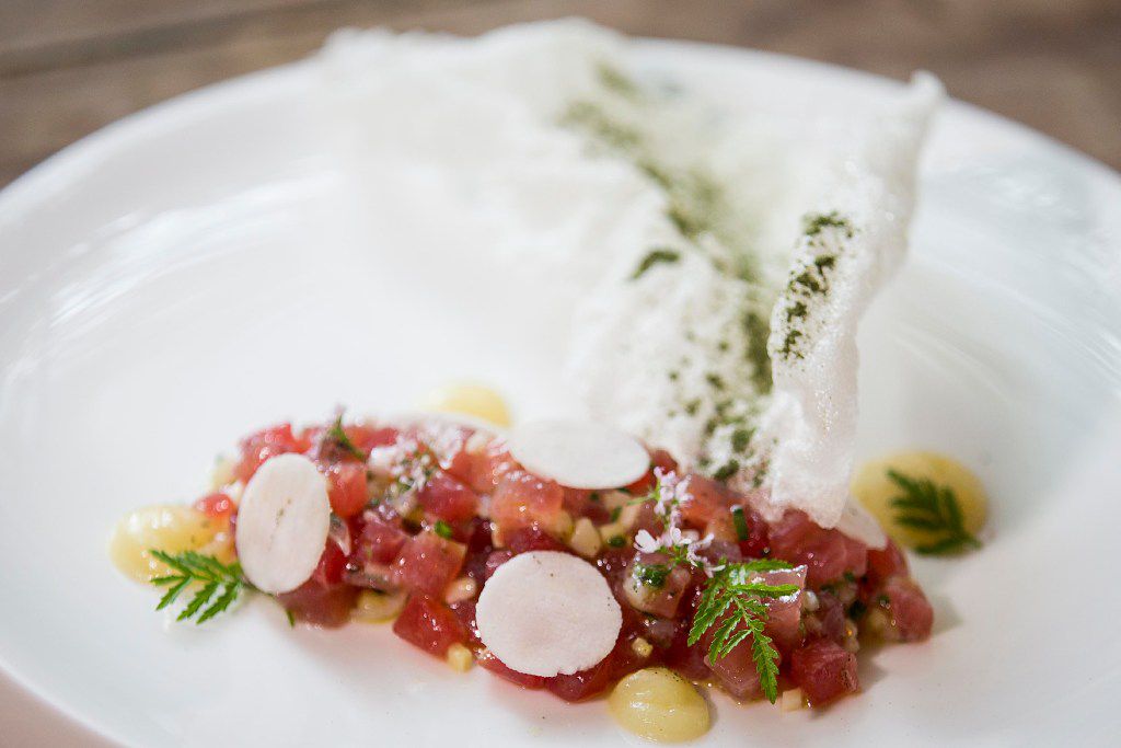 Yellowfin tartare with yuzu puree and nori chips (Smiley N. Pool/The Dallas Morning News)