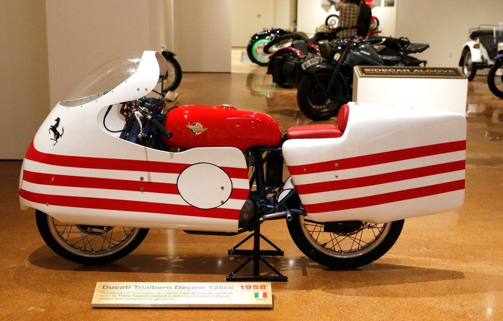 A 1958 Ducati Trialbero Desmo 125cc motorcycle on display at the Haas.