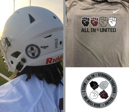 Helmet stickers and T-shirts that Lewisville have made for the upcoming 2020 football season.
