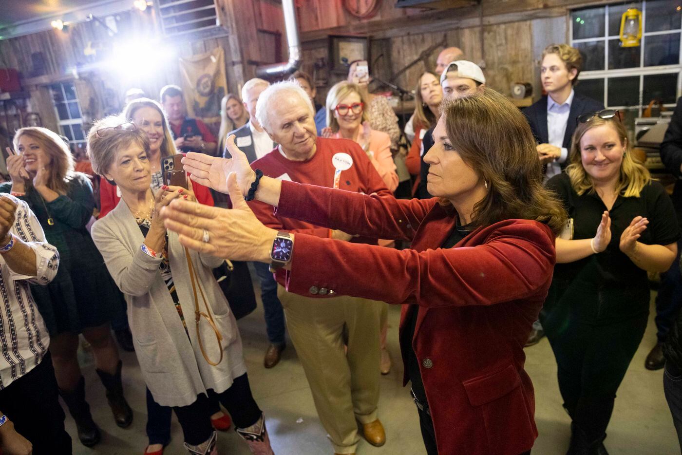 Sen. Angela Paxton thanks the crowd after winning her election on Tuesday, Nov. 8, 2022, at...