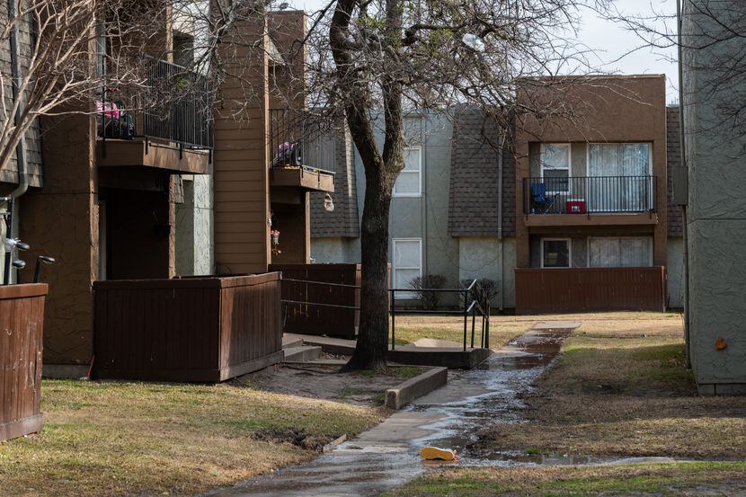 Sewer water flooded the sidewalks outside of units at the Hillcrest Apartments in Mesquite...
