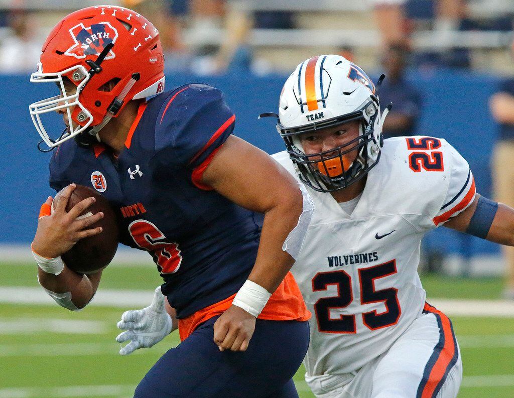 McKinney North High School running back Manny Fincher (6) runs past Wakeland High School outside linebacker Robbie Williams (25) during the first half as McKinney North High School hosted Wakealnd High School in a football game played at McKinney ISD Stadium in McKinney on Friday, September 13, 2019. (Stewart F. House/Special Contributor)