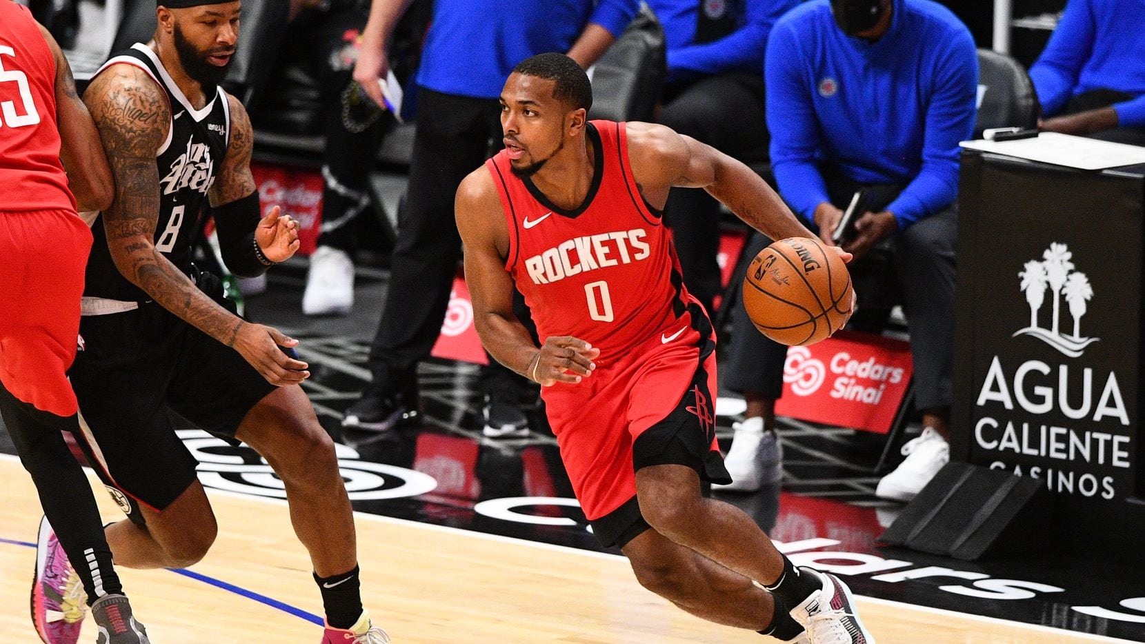 LOS ANGELES, CA - APRIL 09: Houston Rockets Guard Sterling Brown (0) drives to the basket during a NBA game between the Houston Rockets and the Los Angeles Clippers on April 9, 2021 at STAPLES Center in Los Angeles, CA.