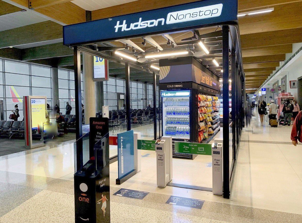 The Hudson Nonstop store at Dallas Love Field features the palm-scanning Amazon One...