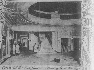 One of two stairways that lead from the foyer in the new Majestic Theater in 1921.