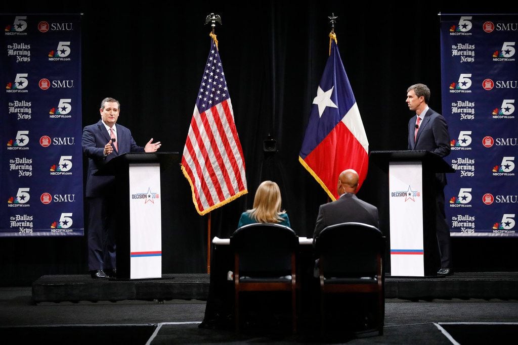 Republican Sen. Ted Cruz makes a comment as Rep. Beto O'Rourke, D-El Paso, waits his turn...