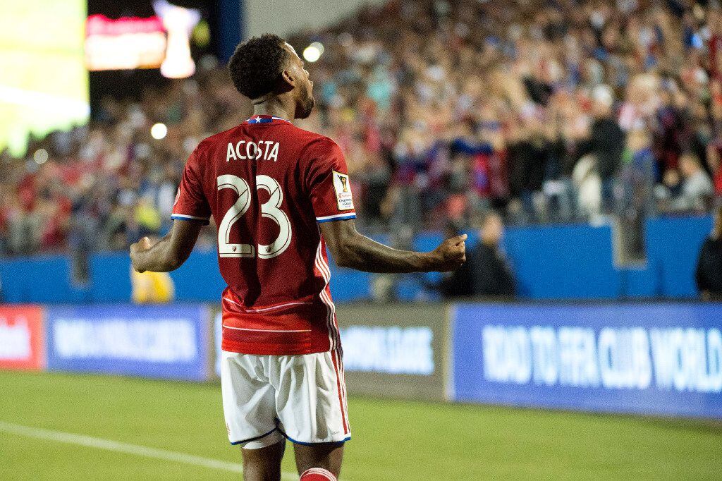 FC Dallas midfielder Kellyn Acosta (23) celebrates his team's 2-1 victory over Pachuca in a...