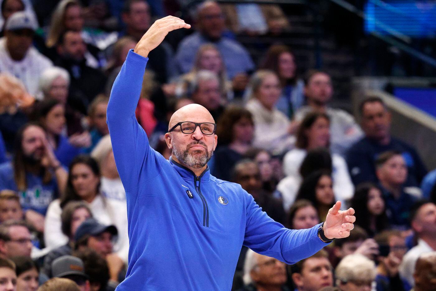 Dallas Mavericks head coach Jason Kidd talks to the team during the first half of an NBA...