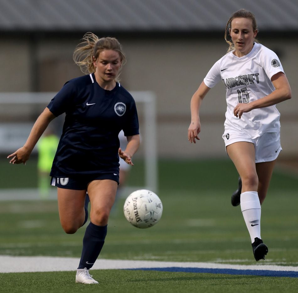 Lewisville Flower Mound's Carlie Krueger (16) and Austin Vandegrift's Evan Ormond (15) chase after the ball during their UIL 6A girls State championship soccer game at Birkelbach Field on April 16, 2021 in Georgetown, Texas. (Thao Nguyen/Special Contributor)