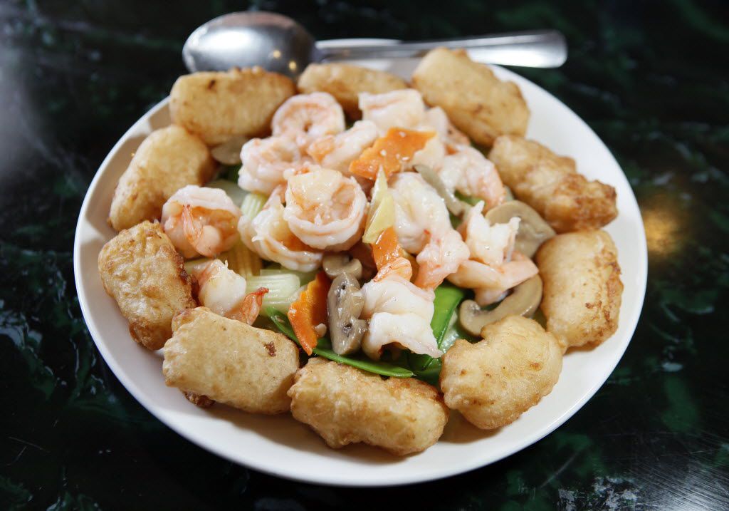King Chinese BBQ's shrimp with fried milk custard and vegetables