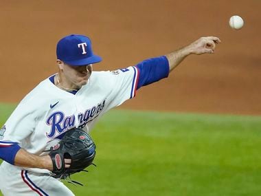 Texas Rangers relief pitcher John King delivers during the fourth inning against the Los Angeles Angels at Globe Life Field on Wednesday, Sept. 9, 2020.