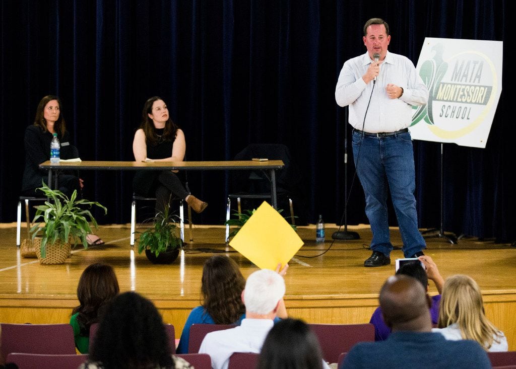 Dallas ISD District 2 board of trustee candidates Dustin Marshall and Lori Kirkpatrick (left) participated in a forum moderated by Keri Mitchell on April 25 at Eduardo Mata Elementary School in Dallas.