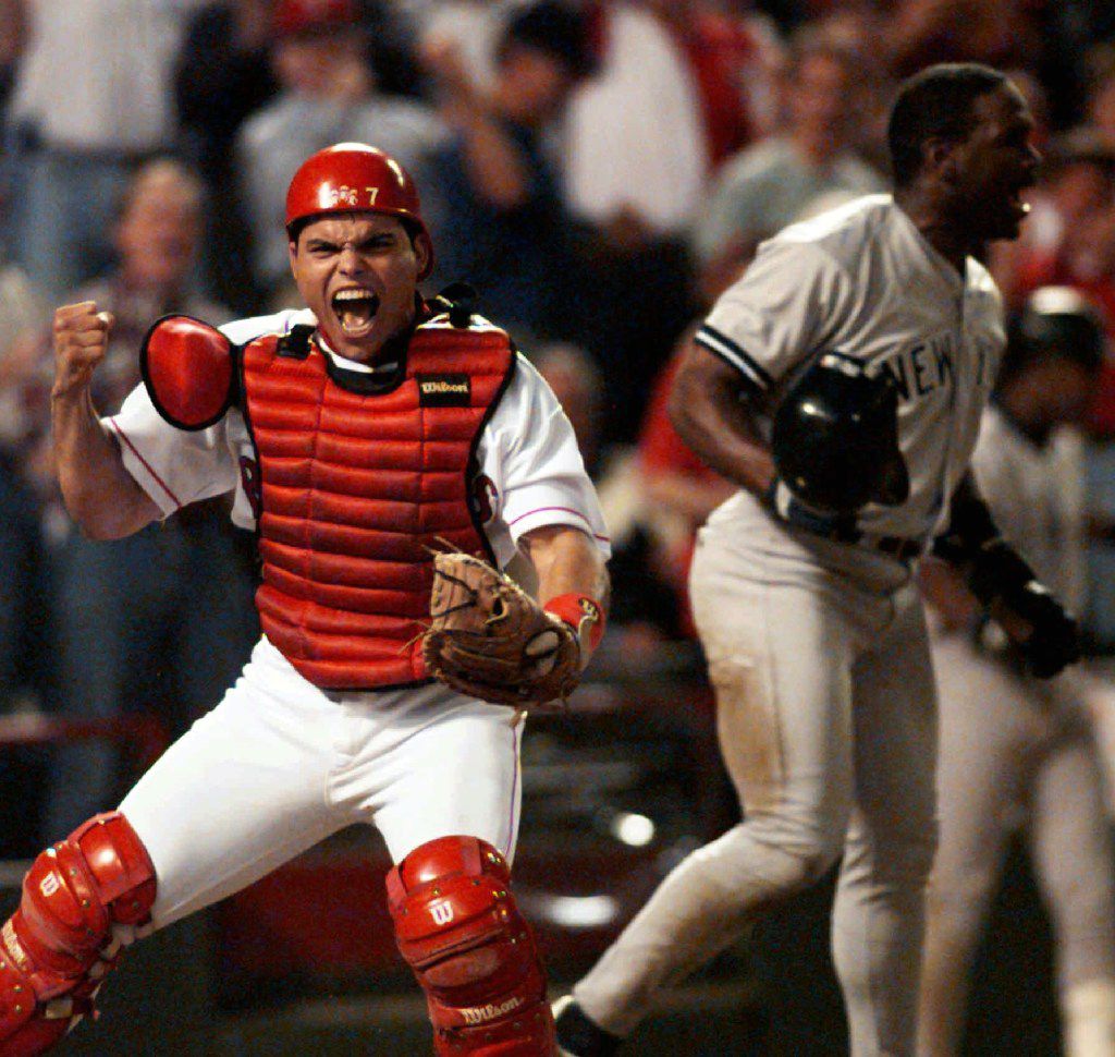 FILE - In this Oct. 4, 1996, file photo, Texas Rangers catcher Ivan Rodriguez reacts after...
