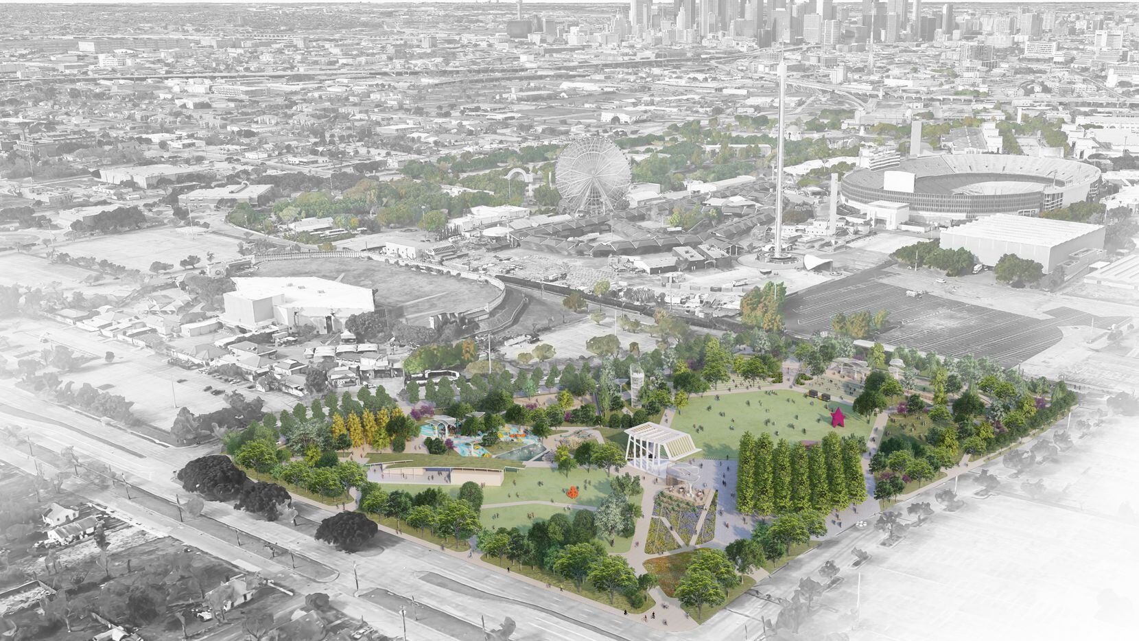 This rendering shows the footprint of the new 14-acre Community Park, which will replace the...