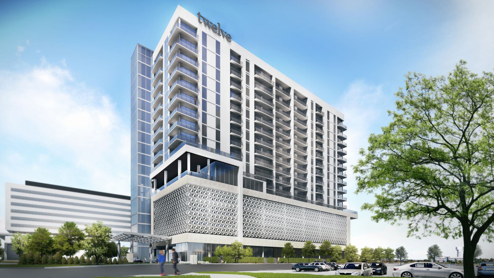 The Twelve Cowboys Way apartment tower in Frisco was designed by O'Brien Architects and...