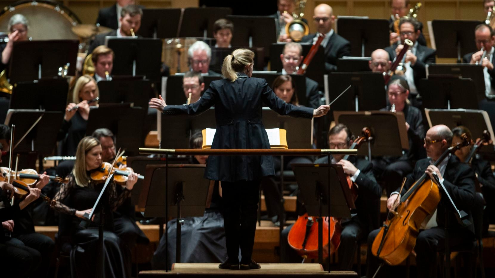 Principal guest conductor Gemma New leads the Dallas Symphony Orchestra at the Meyerson Symphony Center in Dallas, March 6, 2020.