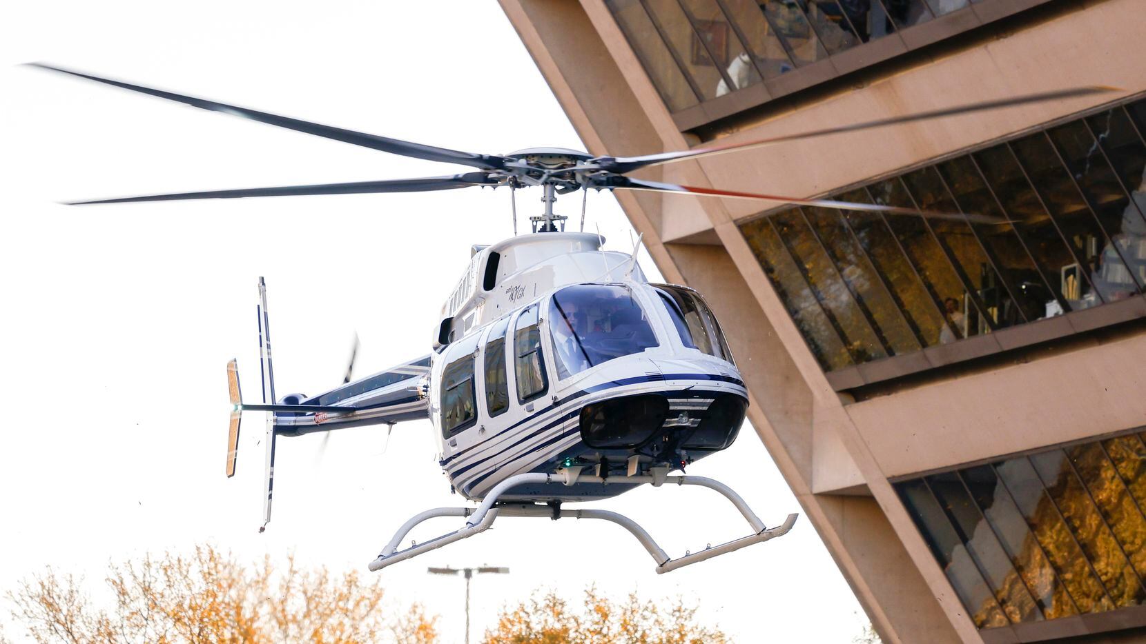 The Dallas Police Department’s newly acquired helicopter lands at City Hall on Wednesday.