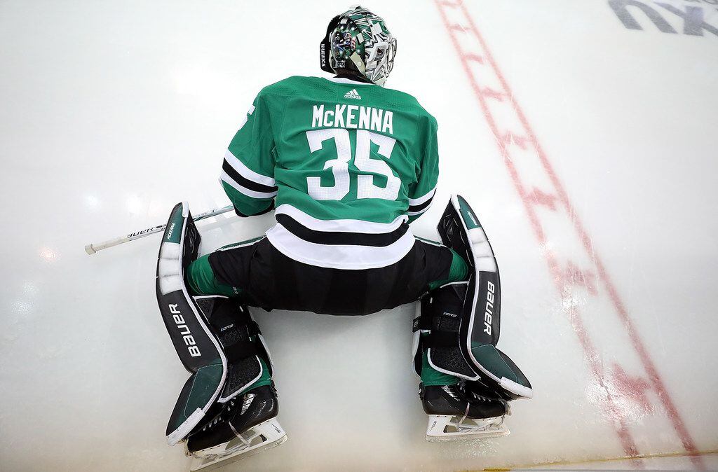 DALLAS, TX - MARCH 09:  Mike McKenna #35 of the Dallas Stars during warm-ups before a game...
