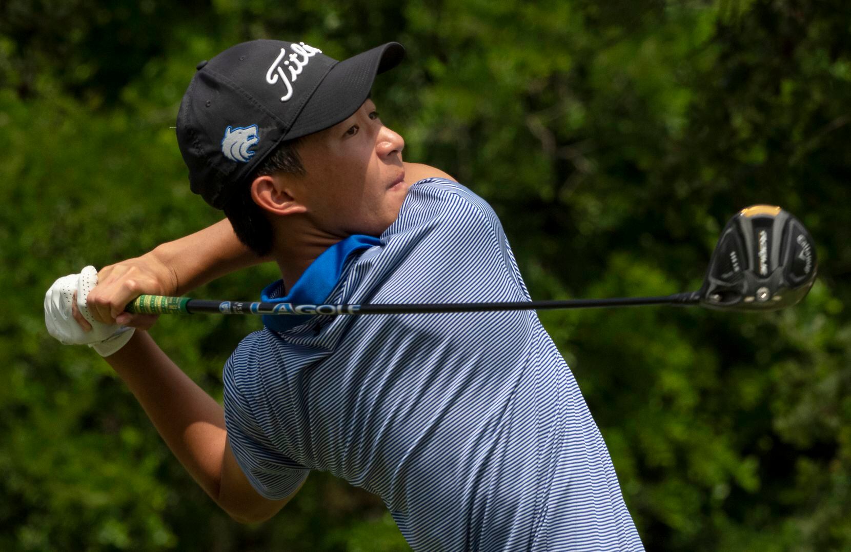 Plano West, Ethan Fang, tees off from the no.10 tee box during the UIL Class 6A State Golf...