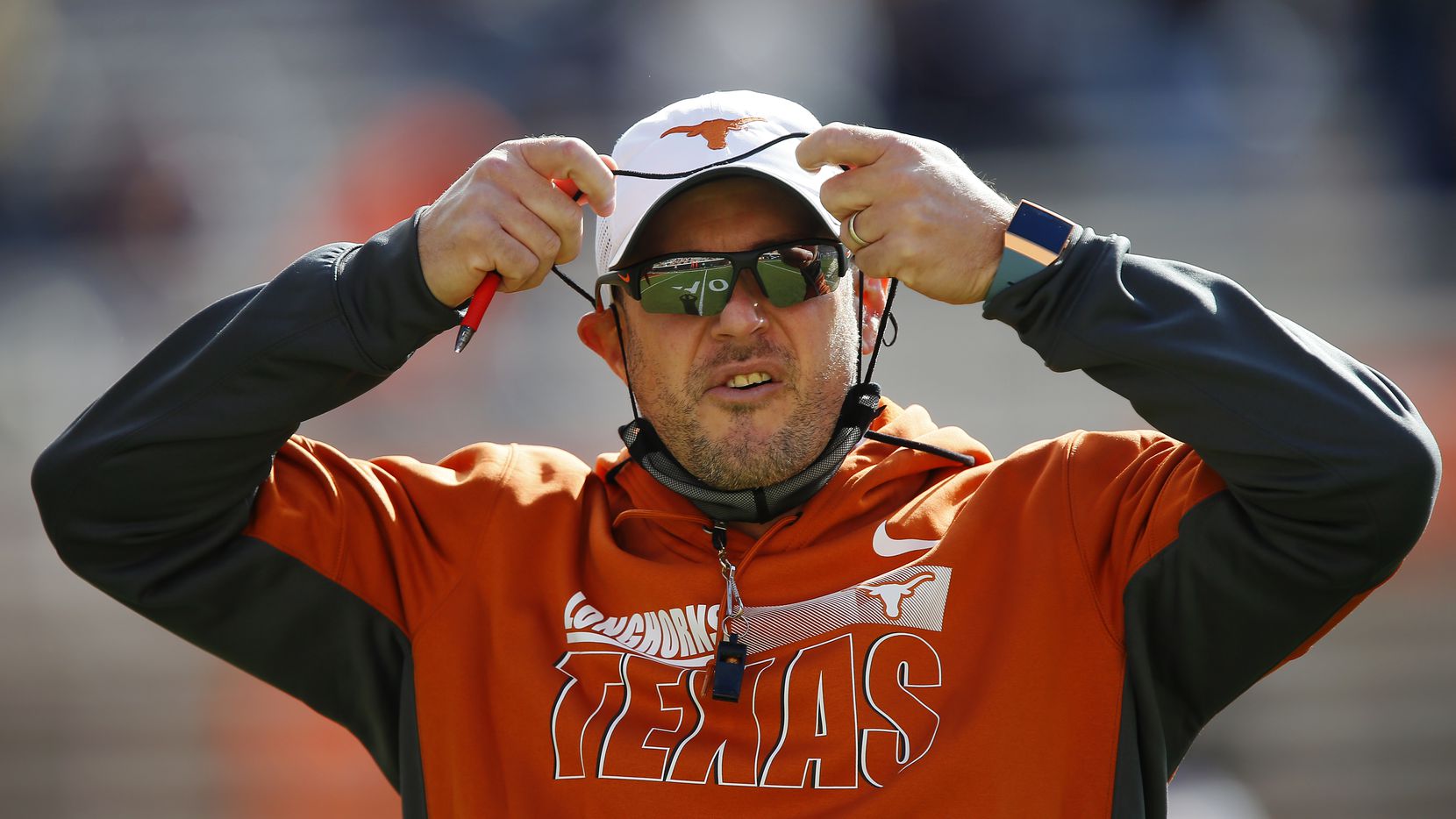 STILLWATER, OK - OCTOBER 31:  Head coach Tom Herman of the Texas Longhorns perpares for a game against the Oklahoma State Cowboys at Boone Pickens Stadium on October 31, 2020 in Stillwater, Oklahoma.  (Pool Photo by Brian Bahr/Getty Images) EDITORIAL USE ONLY  *** Local Caption *** Tom Herman