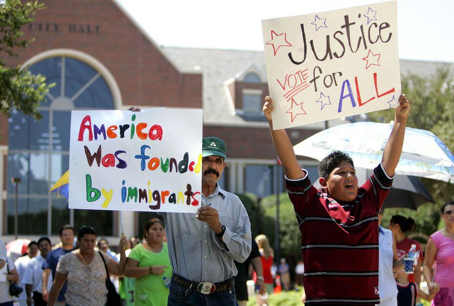 Protesters marched in front of Farmers Branch City Hall in 2006 to protest ordinances...