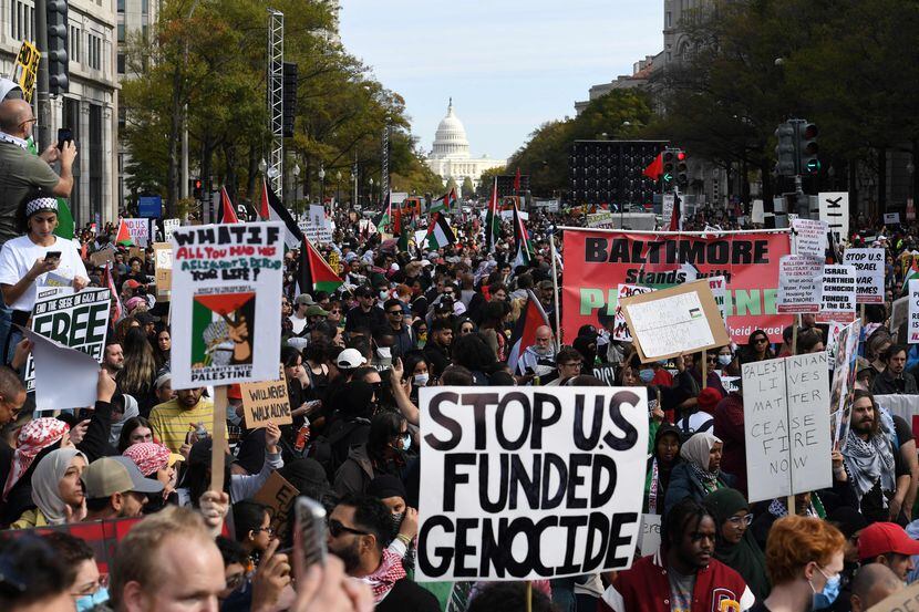 Demonstrators gather in Freedom Plaza during a rally in support of Palestinians on Nov. 4,...