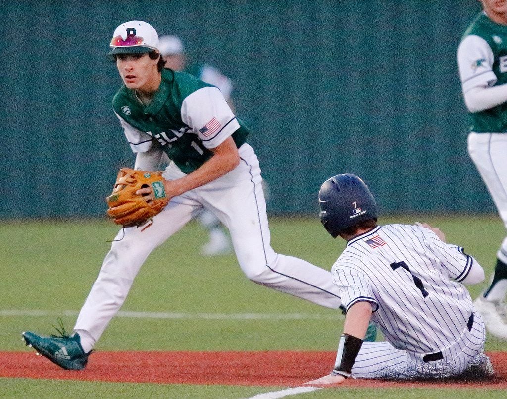 Prosper second baseman Chase Pendley makes a force out on Allen's Judson Arrington (7) at second base during the second inning of Prosper's 8-0 win Thursday.  (Stewart F. House/Special Contributor)