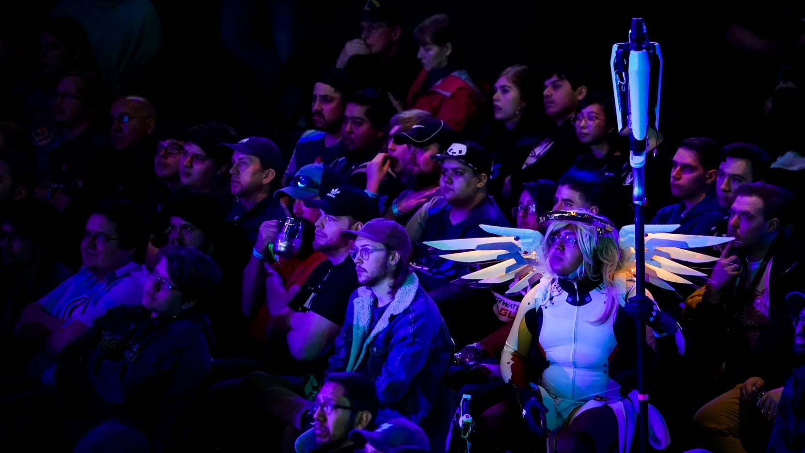 Dallas Fuel fans watch during a Overwatch League match against the Los Angeles Valiant at the Arlington Esports Stadium on Saturday, Feb. 8, 2020, in Arlington.