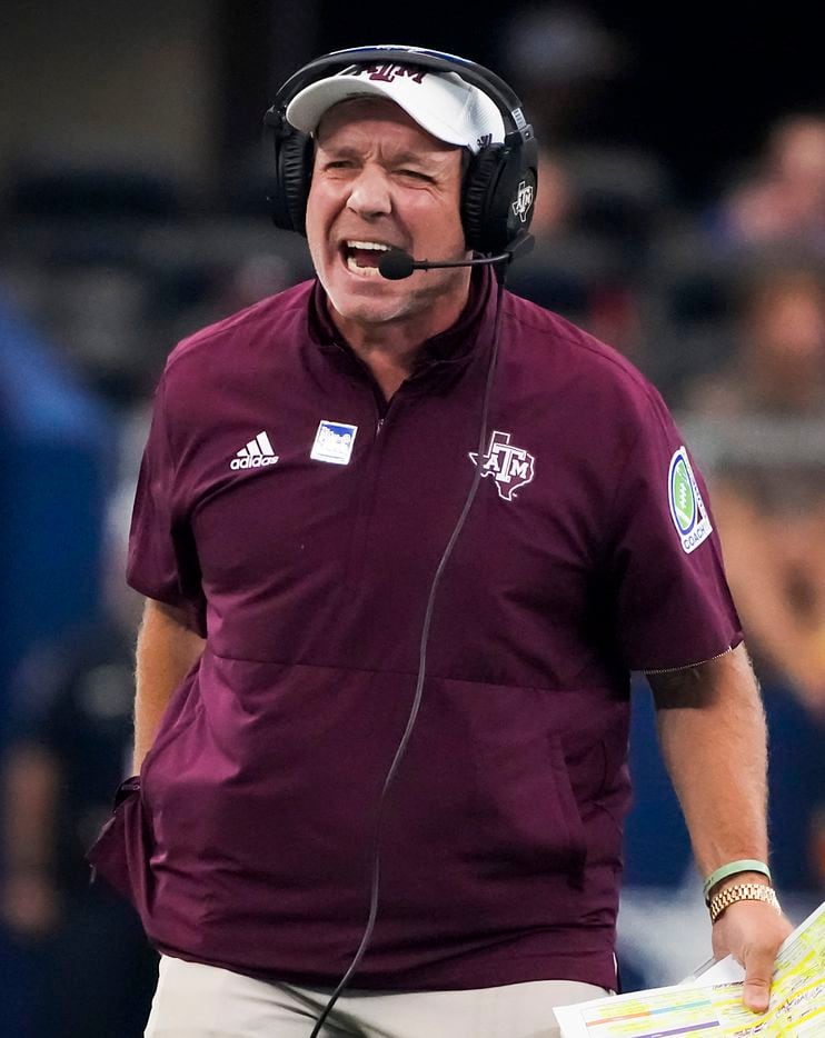Texas A&M head coach Jimbo Fisher reacts to a play during the first half of an NCAA football...