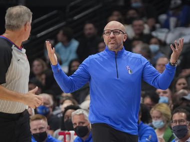 Dallas Mavericks coach Jason Kidd motions to an official during the first half of an NBA basketball game against the Boston Celtics at American Airlines Center on Saturday, Nov. 6, 2021, in Dallas.
