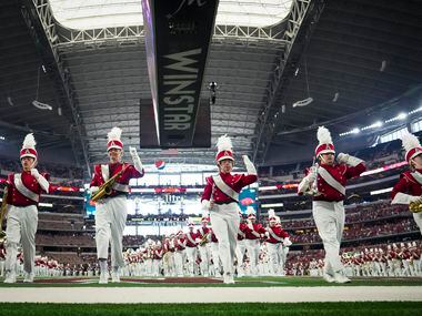 The Arkansas Razorbacks band performs before during an NCAA football game against Texas A&M...