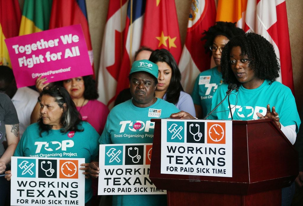 Shetamia Taylor, a member of the Texas Organizing Projects, speaks during a press conference...