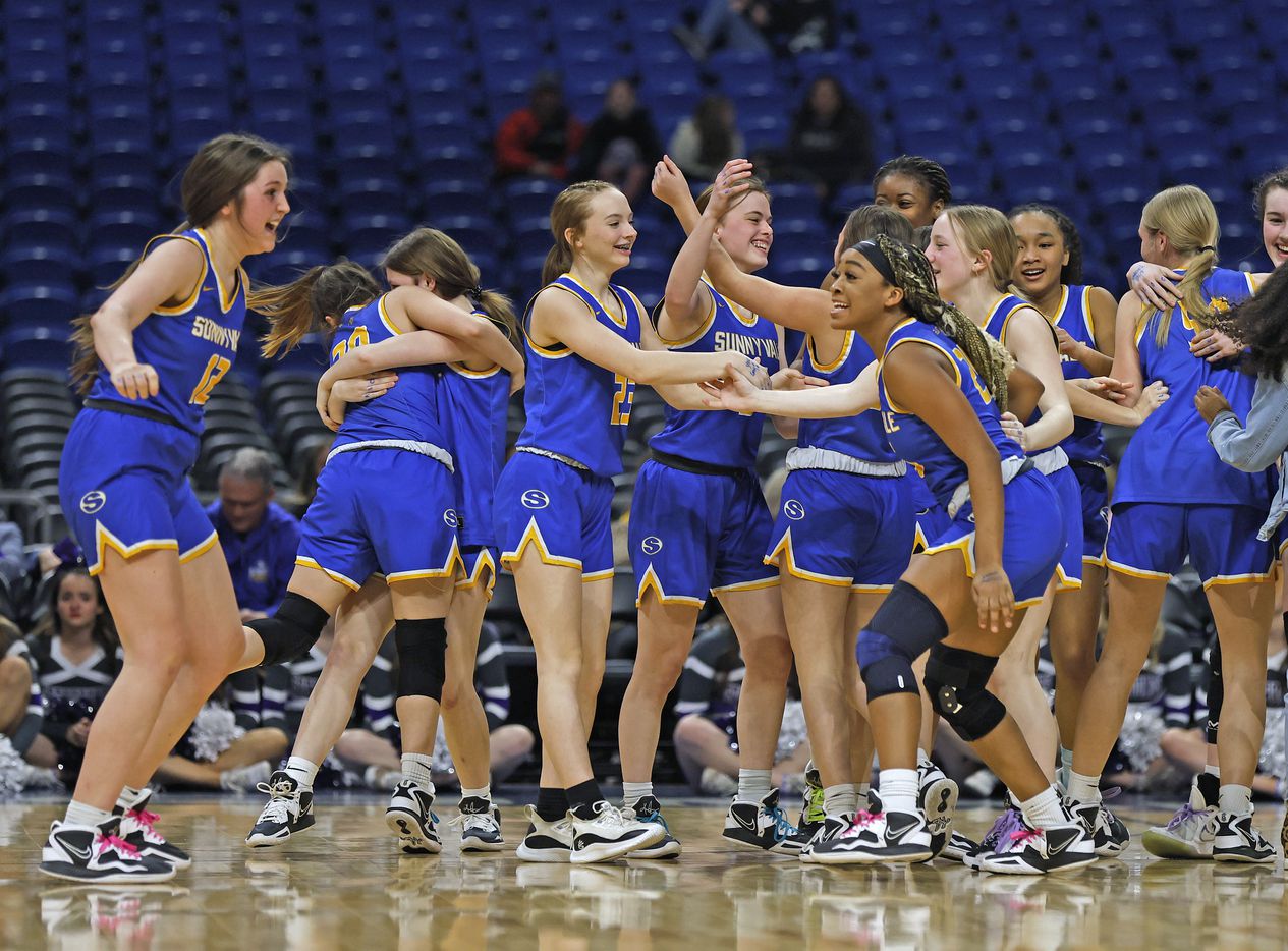Sunnyvale celebrates at the end the game as Sunnyvale defeated Boerne girls basketball in...