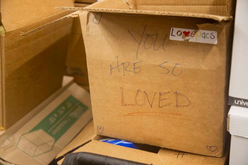 A donated box says “You are so loved” at Family Gateway North in Dallas on Monday, Jan. 22,...