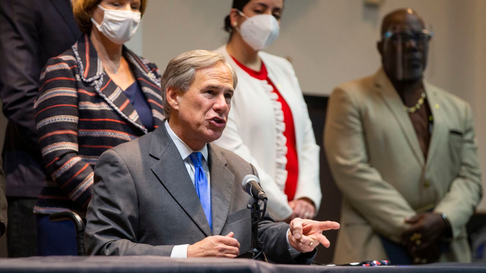 Governor Greg Abbott speaks at a press conference to announce legislative proposals related...
