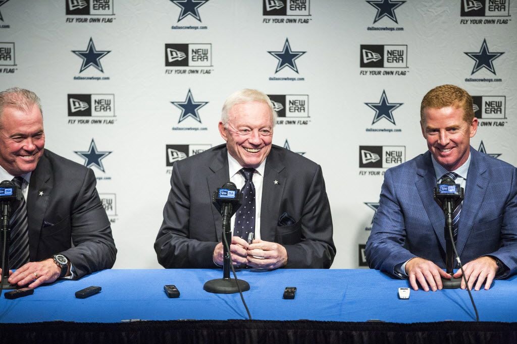 Dallas Cowboys executive vice president/COO Stephen Jones, owner Jerry Jones, and head coach...