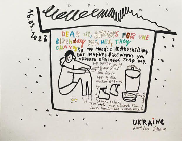 "Thanks for the Birthday Wishes," a drawing by Alevtina Kakhidze, from the series "Wartime...
