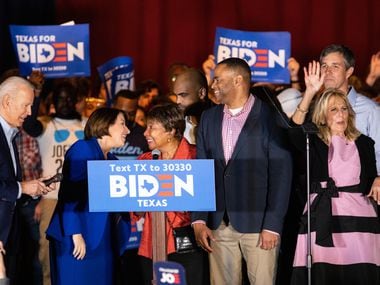 Democratic presidential primary candidate Joe Biden (far left) is endored by (from left) Sen. Amy Klobuchar (D-MN), Rep. Eddie Bernice Johnson (D-Dallas), Rep. Colin Allred (D-Dallas), Rep. Mark Veasey (D-Fort Worth), and former Rep. Beto O'Rourke during a rally held at Gilley's in Dallas on March. 2, 2020. Biden's wife Jill is at far right.